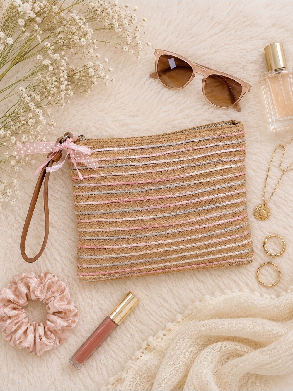 Woven Rattan Clutch Purse/Jewelry Bag with Pink and Blue Ribbon **Like New**